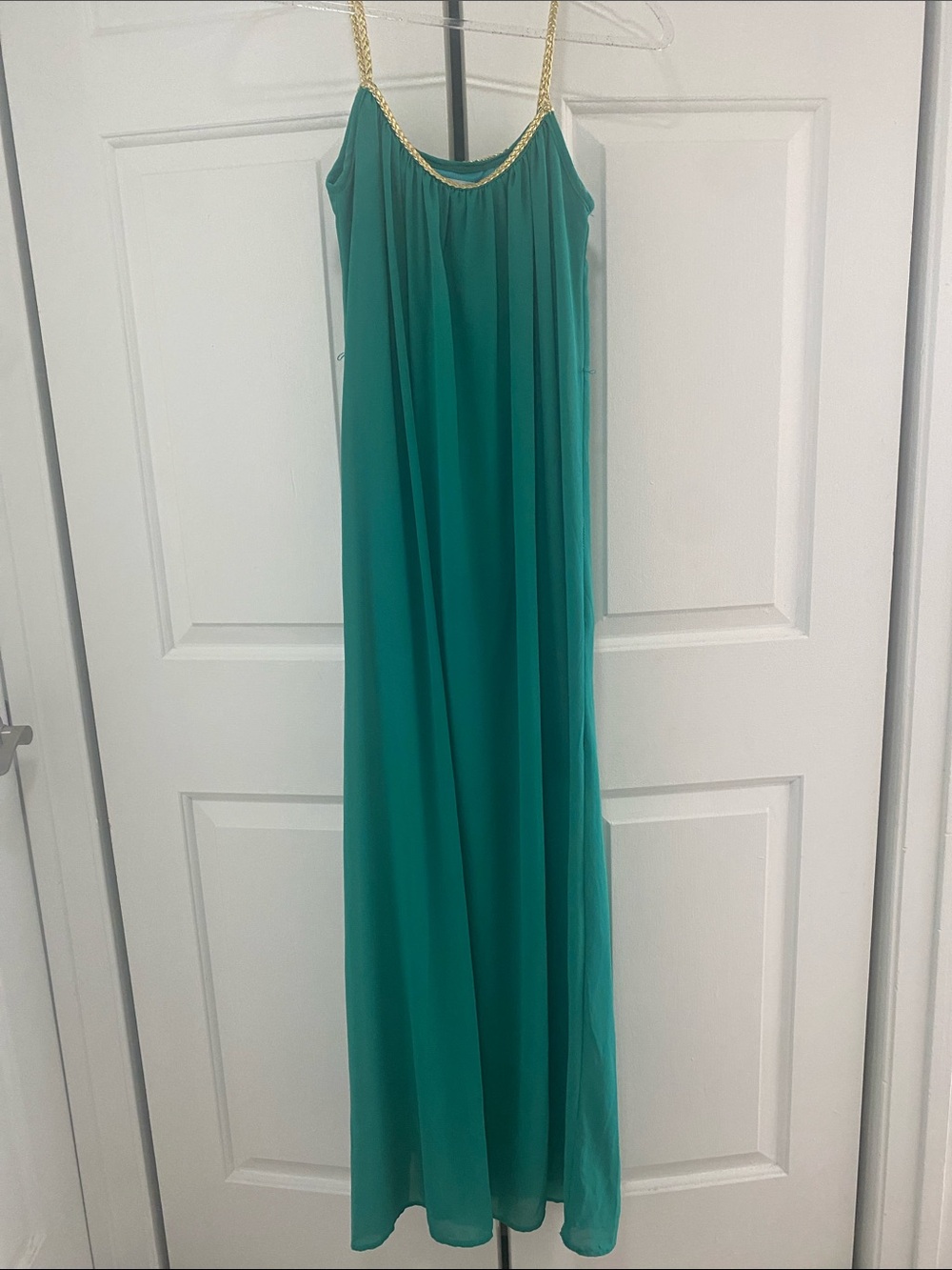 BE COOL Teal-Green Maxi Dress with Gold Chain Straps